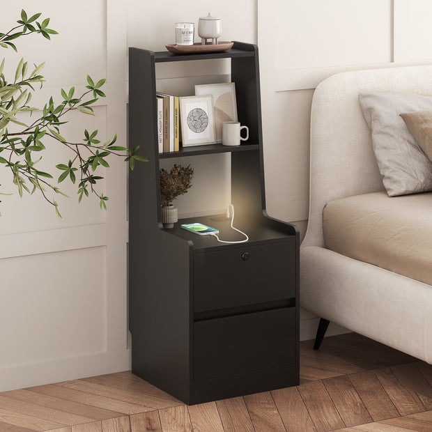 Smart Nightstand with Charging Station & LED Light – Black