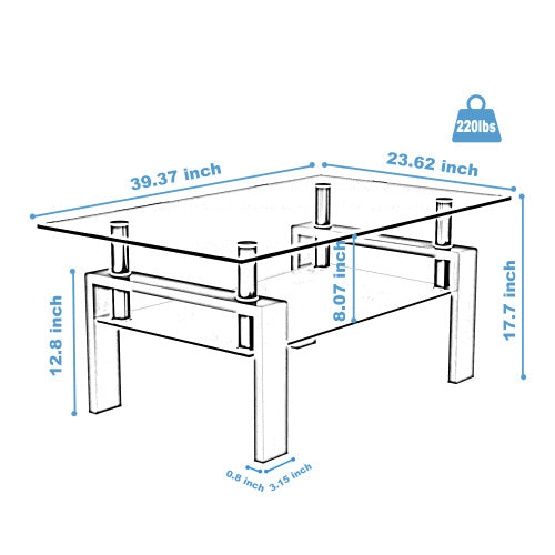 Rectangle Walnut Glass Coffee Table – Modern Clear Centerpiece