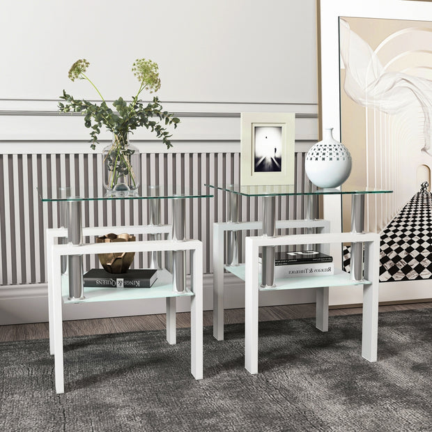 2-Pc Modern Tempered Glass Coffee Tea End Tables For Living Room