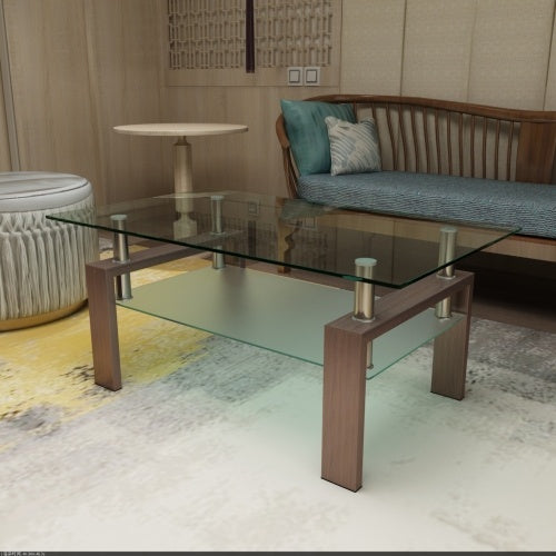 Rectangle Walnut Glass Coffee Table – Modern Clear Centerpiece