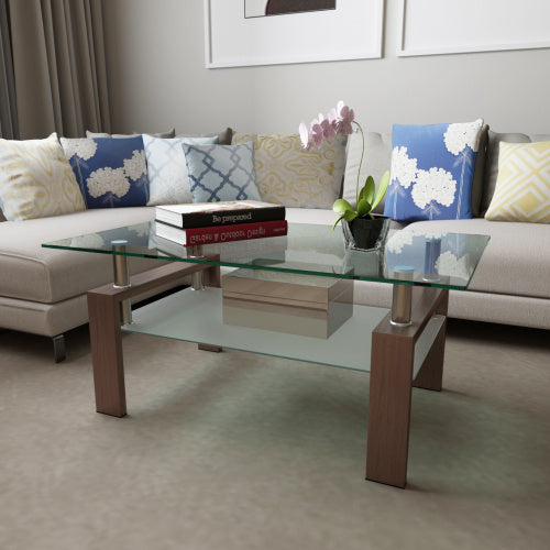 Rectangle Walnut Glass Coffee Table – Modern Clear Centerpiece